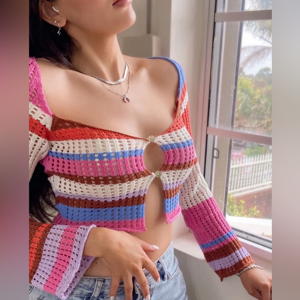 Indie Hippie Crochet Knit Crop Top M Boho Festival Y2K Bell Sleeve Colorblock